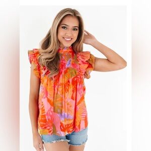 J. Marie The Eden Pleated Too Bright colors tropical print Size S puff sleeves